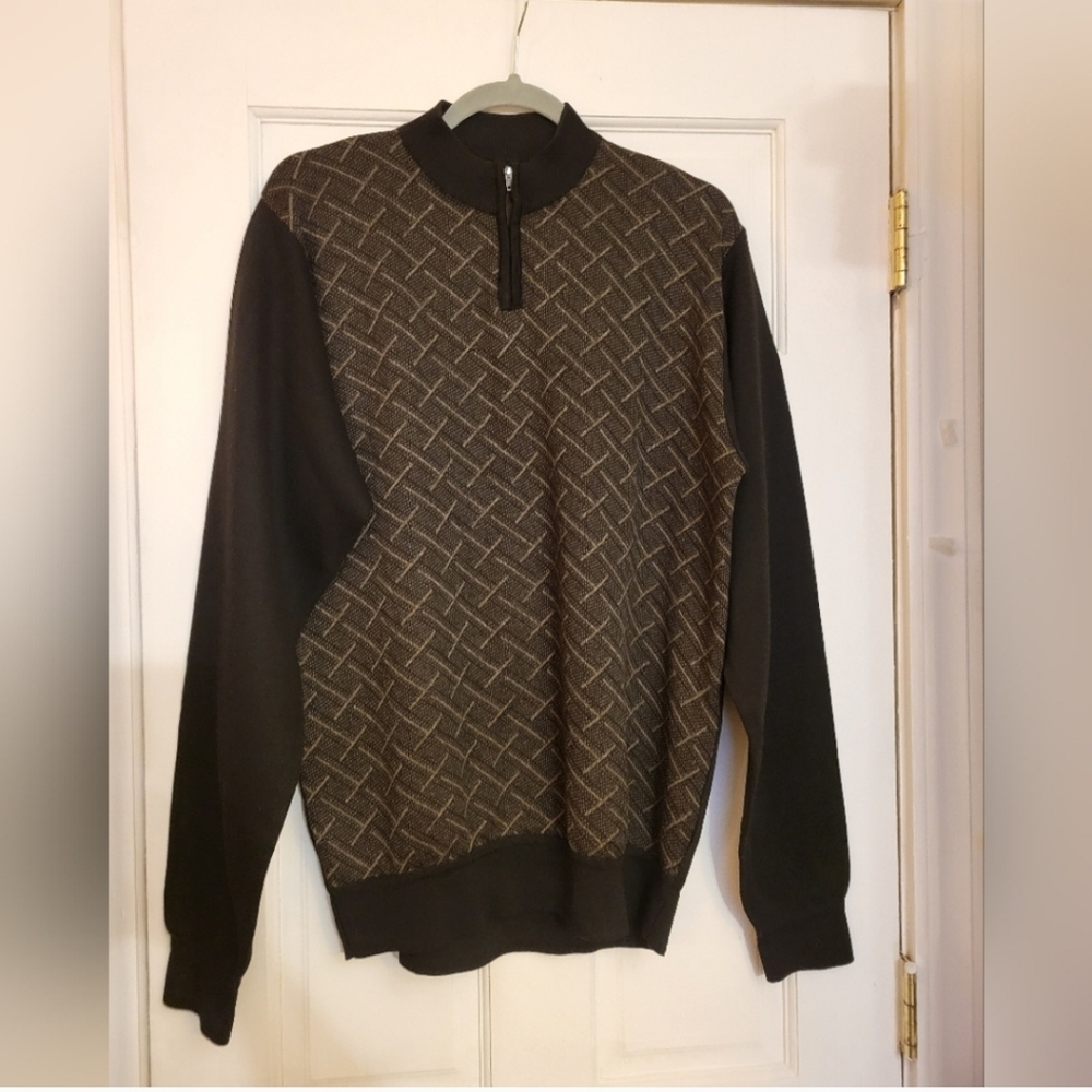 Black and Brown Quilted Zip Up Sweater with Ribbed Details